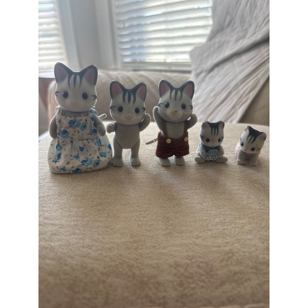 Vintage sylvanian calico critters grey fisher cat family lot of 5 stripes